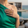 Eda Jewels Dubai gold-plated two finger open ring with molten spheres worn by a model
