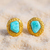 Noor gold plated hammered texture stud earrings featuring an organic turquoise stone center by Eda Jewels Dubai
