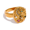 Astra gold plated everyday statement ring with celestial moon, star, and multicolored stone detailing by Eda Jewels Dubai