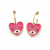 Gold plated Eliana earrings by Eda Jewels, featuring a pink heart, evil eye motif, and colorful crystals. Perfect for everyday wear or gifting