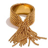 Ria Gold gold plated wide statement ring featuring an open band covered in cascading rows of delicate beaded fringe by Eda Jewels Dubai